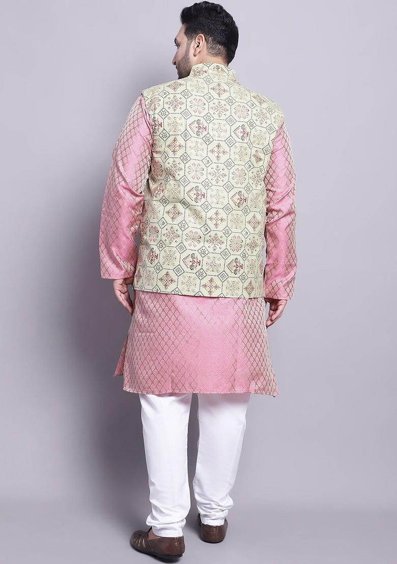 Pink Woven Poly Blend Kurta Set For Men