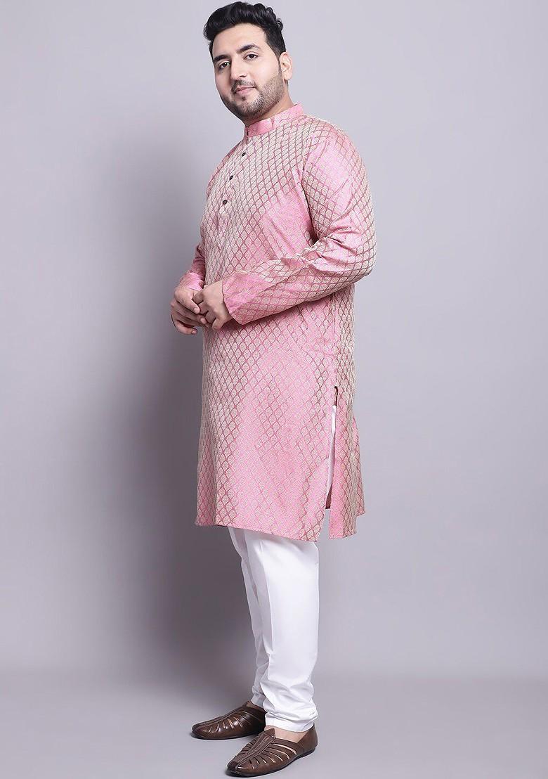 Pink Woven Poly Blend Kurta Set For Men