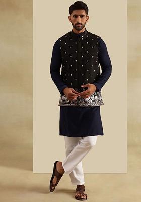 Navy Blue Embroidered Cotton Kurta Set For Men