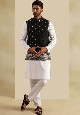 White Embroidered Cotton Kurta Set For Men