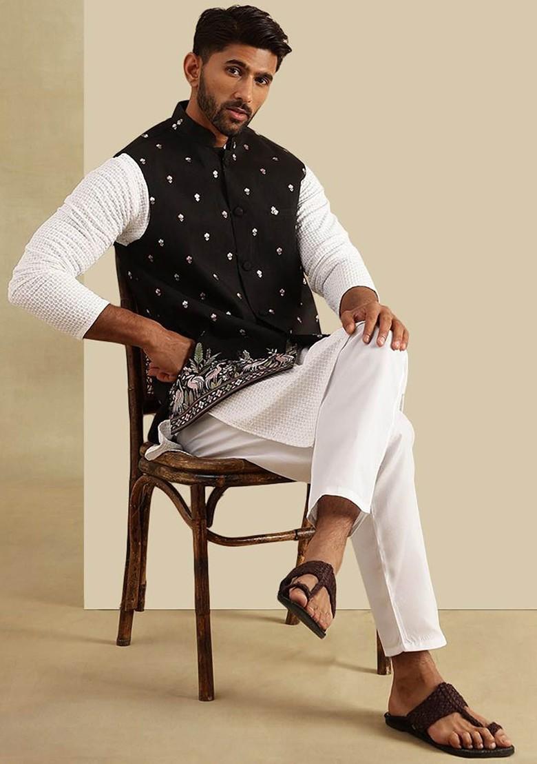 White Embroidered Cotton Kurta Set For Men