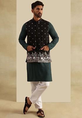 Green Embroidered Cotton Kurta Set For Men