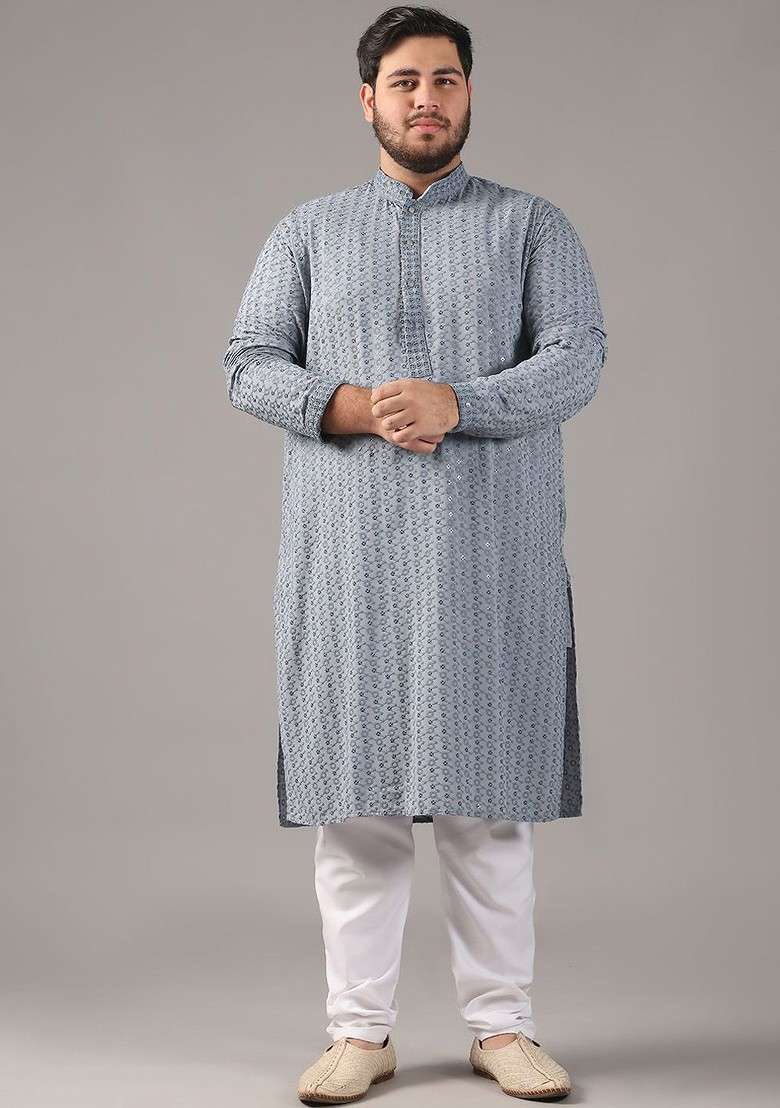 Grey Embroidered Cotton Kurta Set For Men - Indya