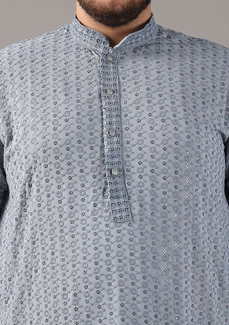 Grey Embroidered Cotton Kurta Set For Men - Indya