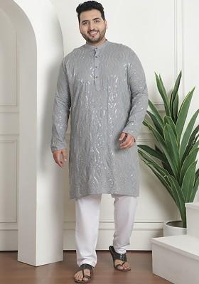 Grey Embroidered Cotton Kurta Set For Men