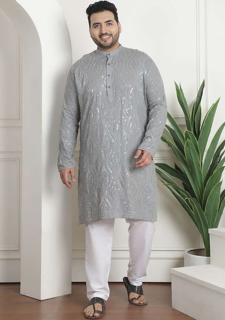 Grey Embroidered Cotton Kurta Set For Men - Indya