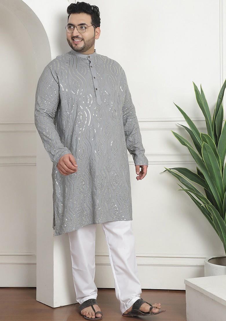 Grey Embroidered Cotton Kurta Set For Men