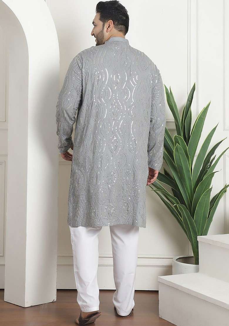 Grey Embroidered Cotton Kurta Set For Men - Indya