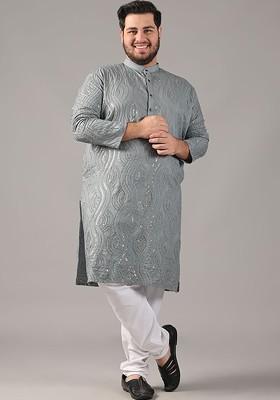 Grey Embroidered Cotton Kurta Set For Men