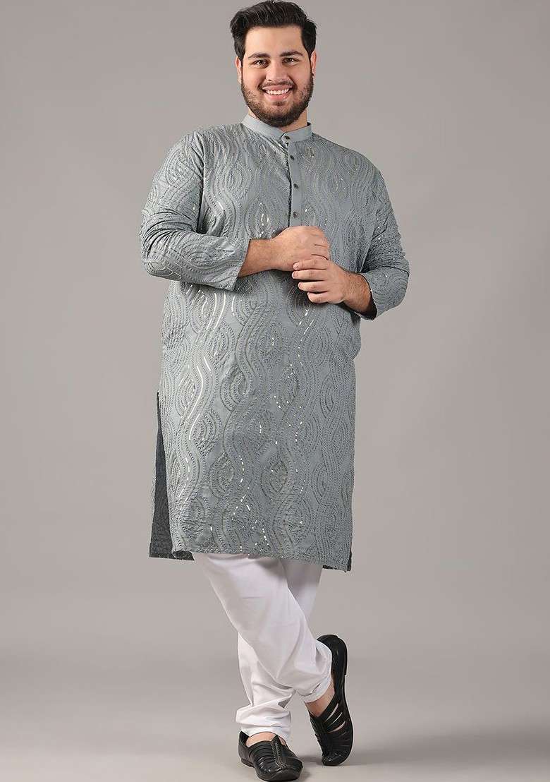 Grey Embroidered Cotton Kurta Set For Men - Indya