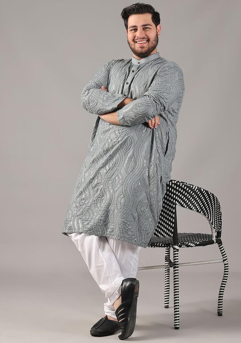 Grey Embroidered Cotton Kurta Set For Men