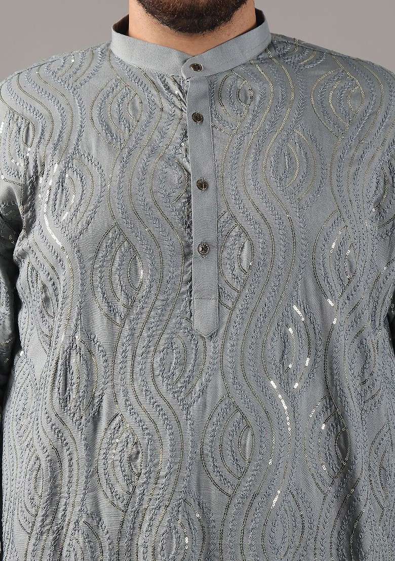 Grey Embroidered Cotton Kurta Set For Men - Indya