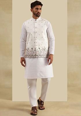 White Embroidered Cotton Kurta Set For Men