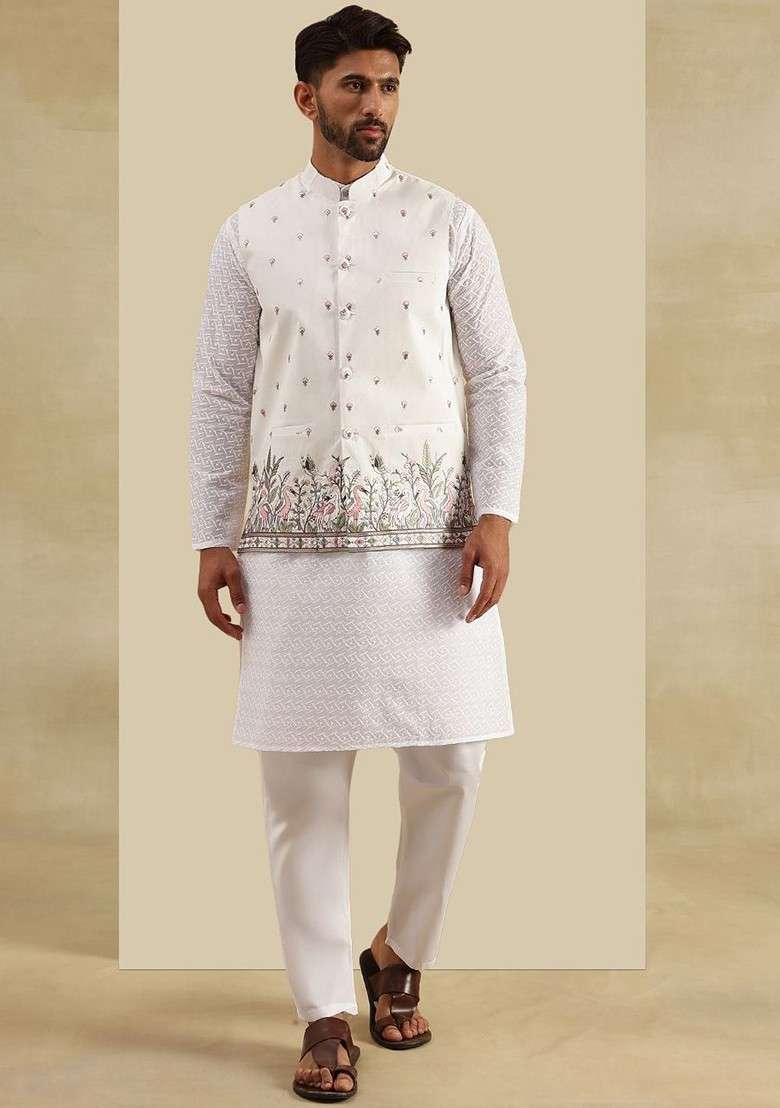 White Embroidered Cotton Kurta Set For Men - Indya