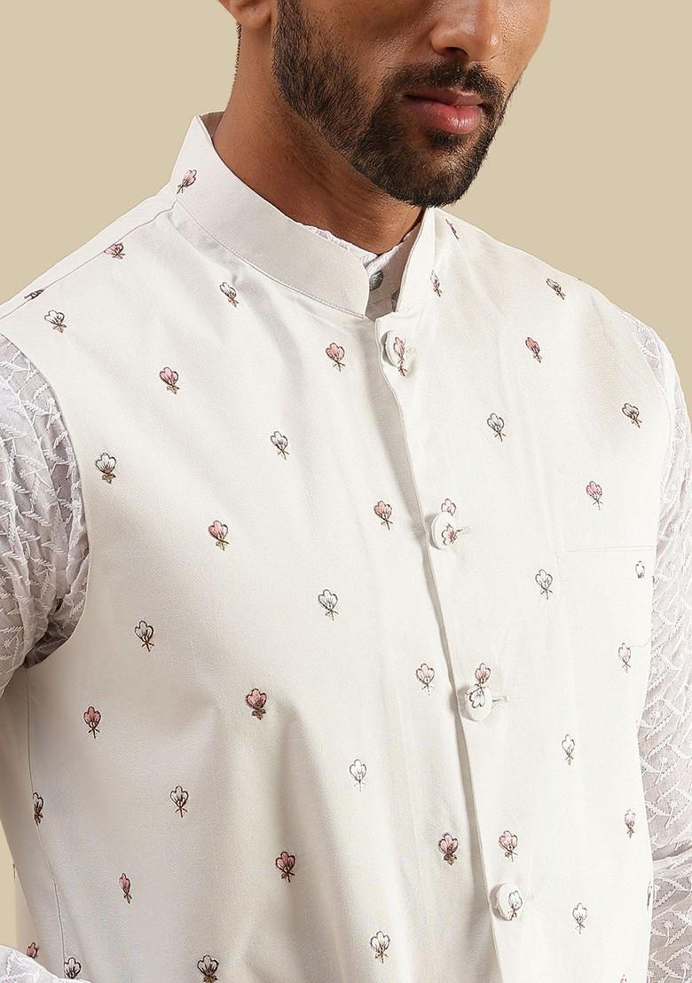 White Embroidered Cotton Kurta Set For Men