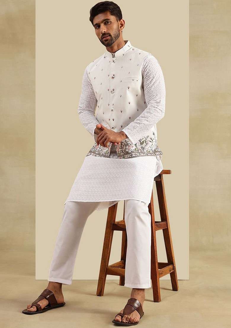 White Embroidered Cotton Kurta Set For Men - Indya