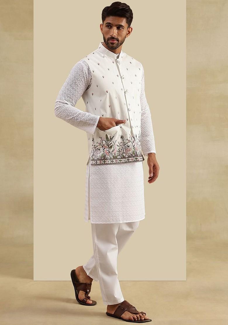 White Embroidered Cotton Kurta Set For Men