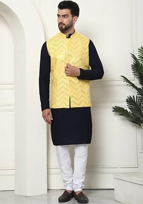 Navy Blue Solid Cotton Kurta Set For Men