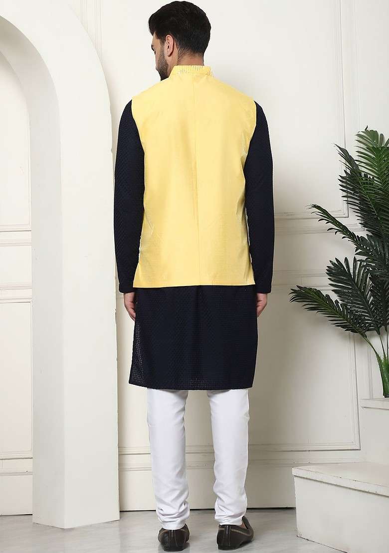 Navy Blue Solid Cotton Kurta Set For Men - Indya