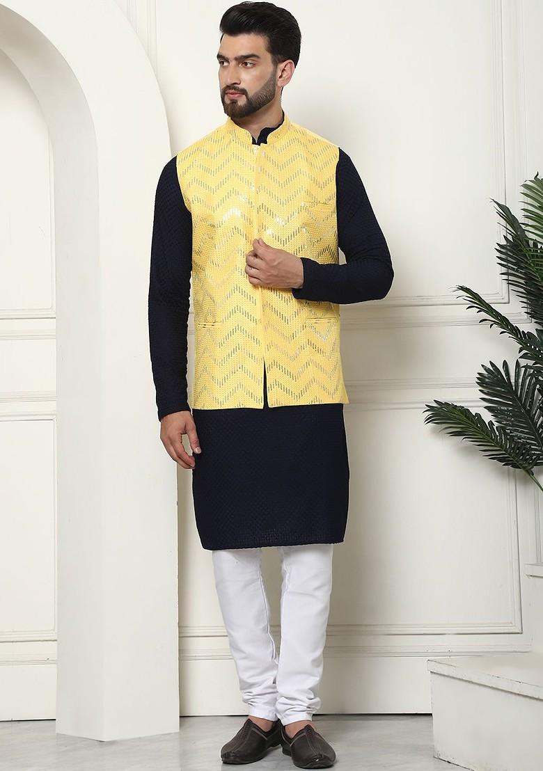 Navy Blue Solid Cotton Kurta Set For Men