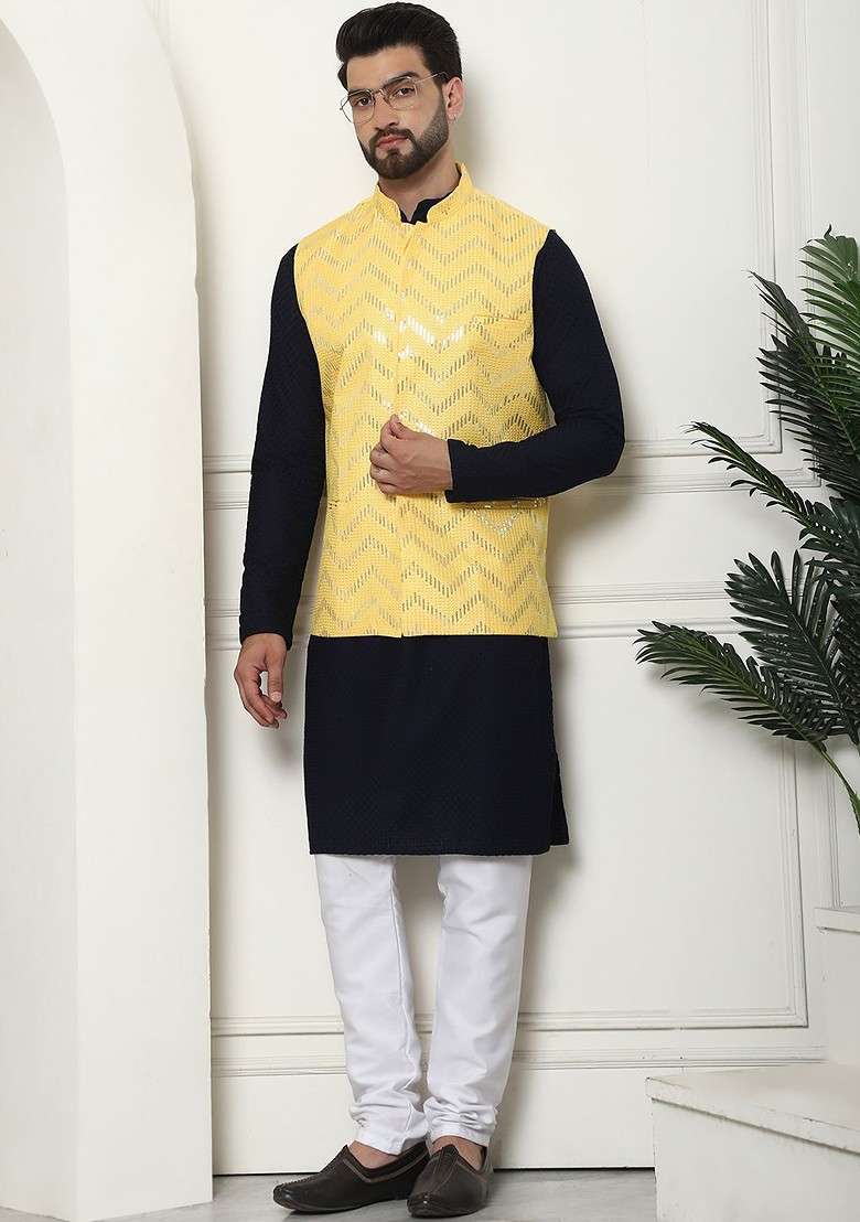 Navy Blue Solid Cotton Kurta Set For Men - Indya