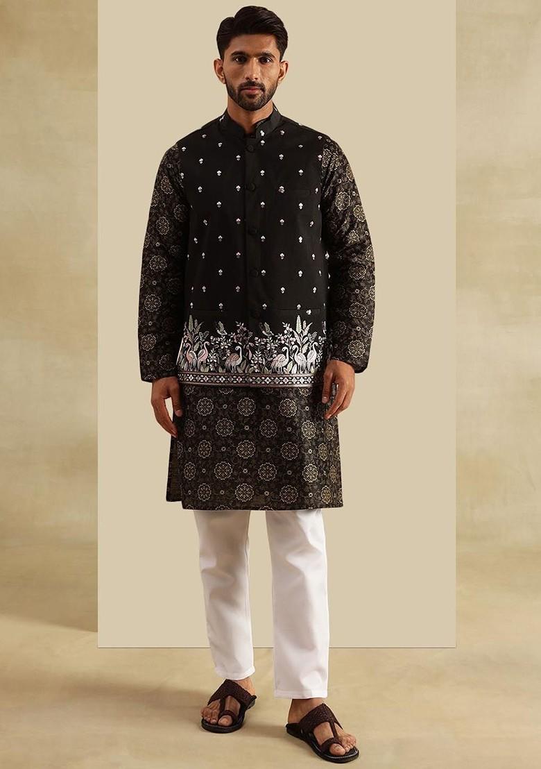Black Printed Poly Blend Kurta Set For Men