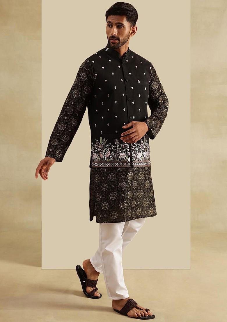 Black Printed Poly Blend Kurta Set For Men