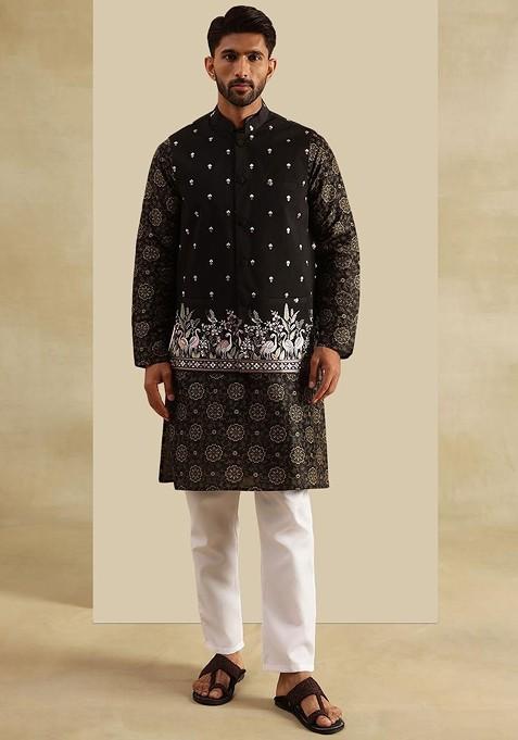 Black Printed Poly Blend Kurta Set For Men