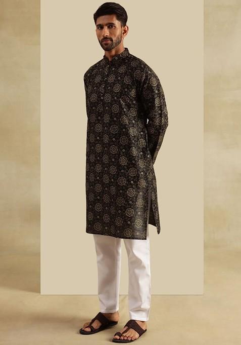 Black Printed Poly Blend Kurta Set For Men