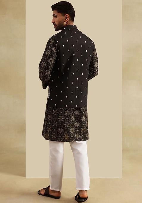 Black Printed Poly Blend Kurta Set For Men