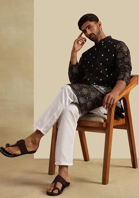 Black Printed Poly Blend Kurta Set For Men