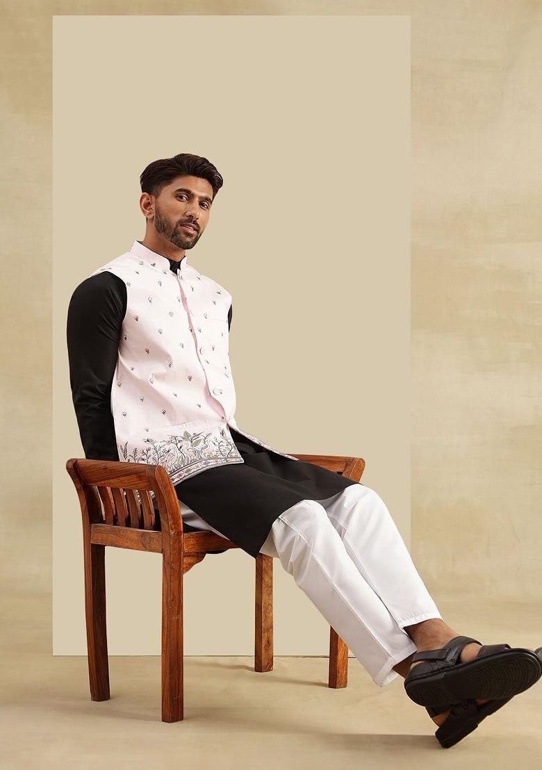 Black Embroidered Poly Blend Kurta Set For Men