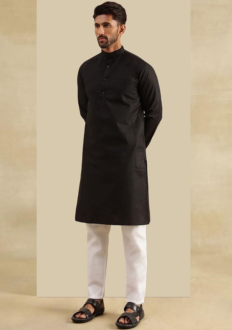 Black Embroidered Poly Blend Kurta Set For Men