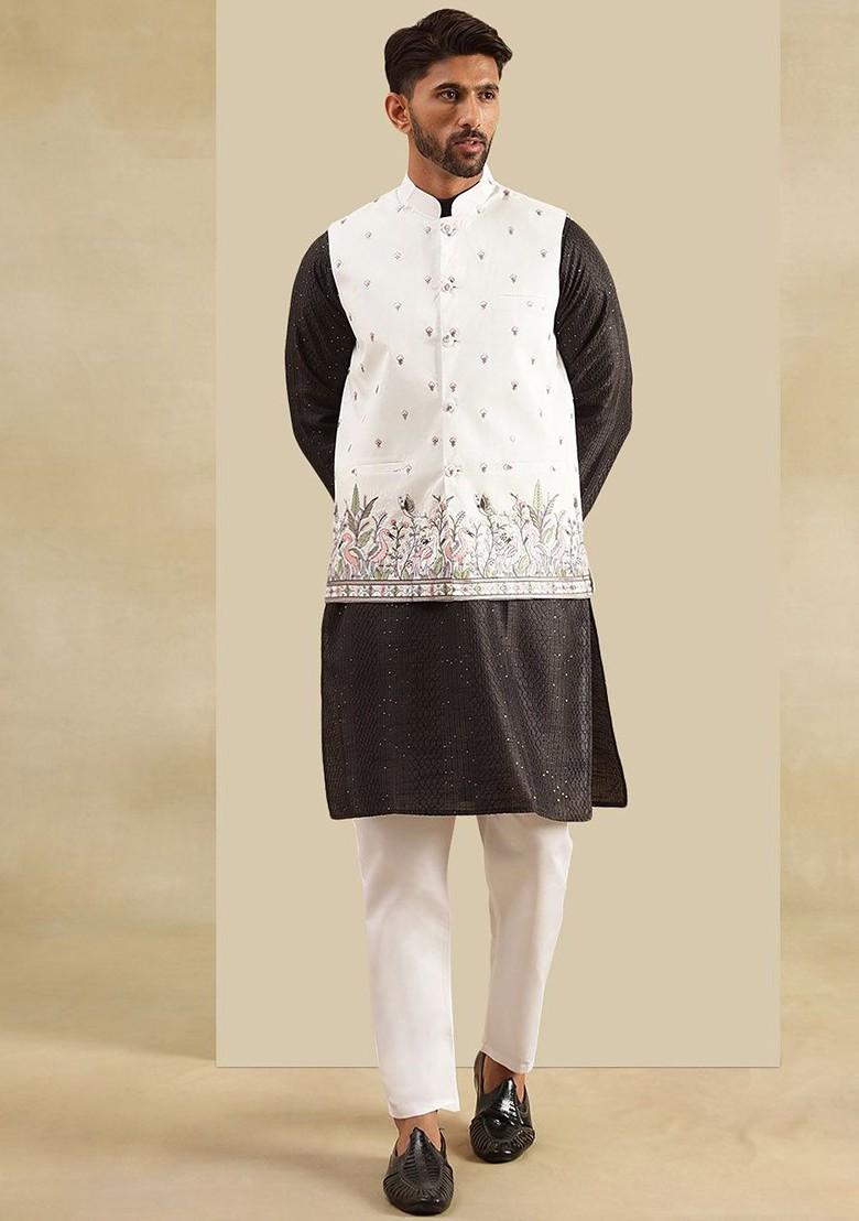 Black Embroidered Poly Blend Kurta Set For Men