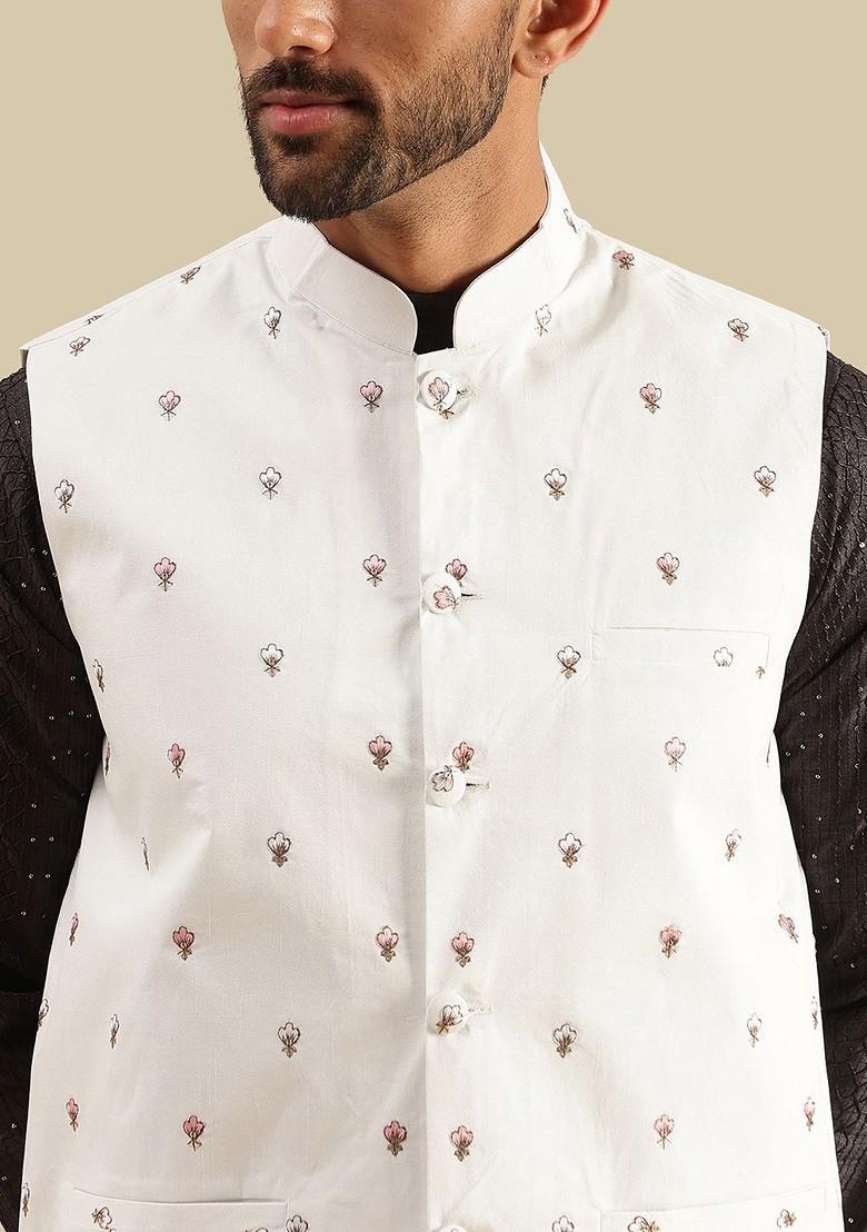 Black Embroidered Poly Blend Kurta Set For Men