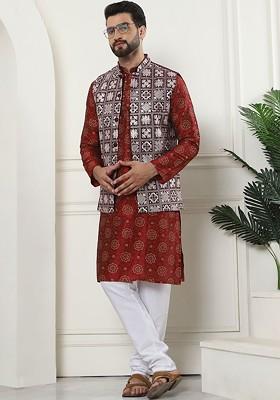 Maroon Printed Poly Blend Kurta Set For Men