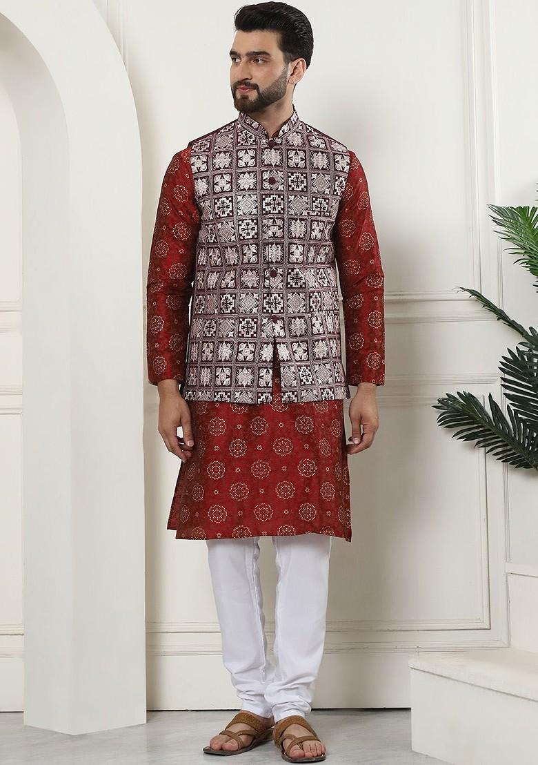 Maroon Printed Poly Blend Kurta Set For Men