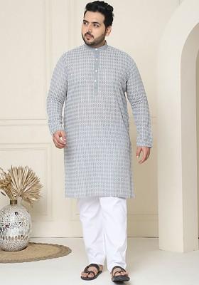 Grey Thread Work Cotton Kurta Set For Men