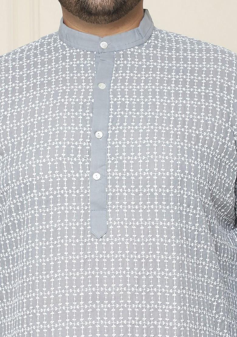 Grey Thread Work Cotton Kurta Set For Men