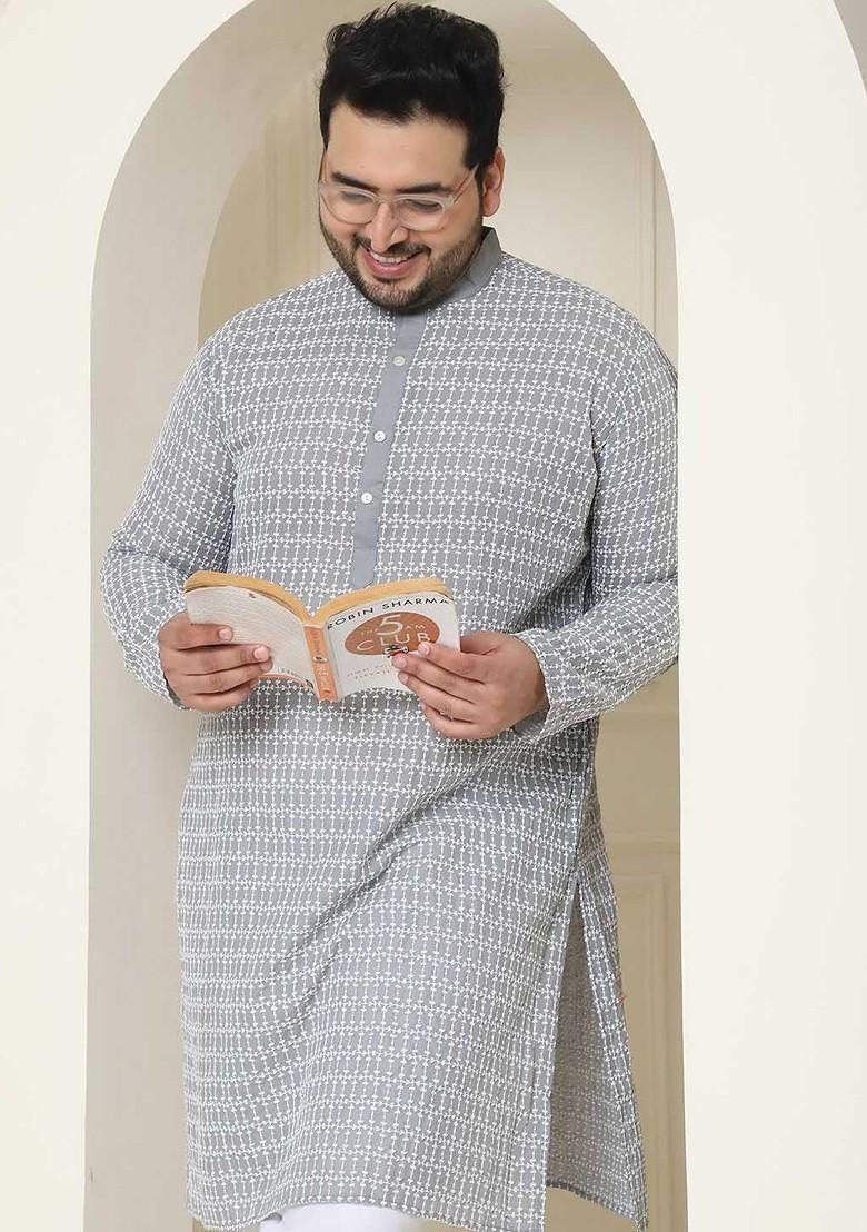 Grey Thread Work Cotton Kurta Set For Men