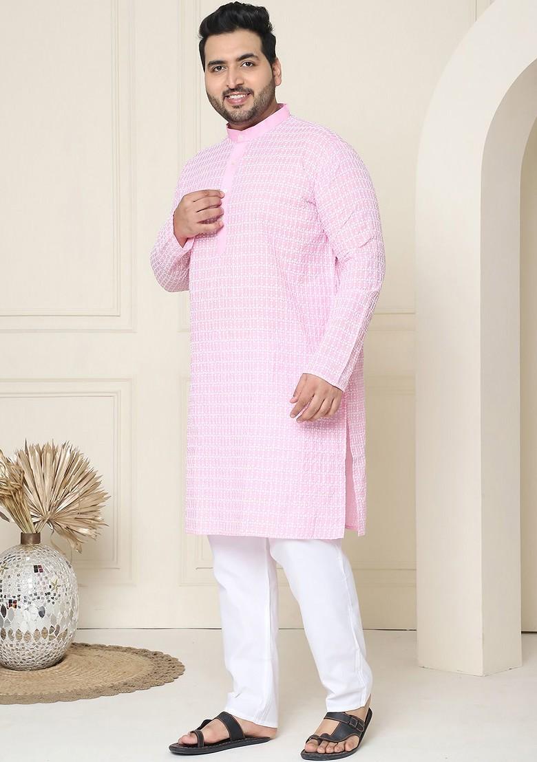 Pink Embroidered Cotton Kurta Set For Men