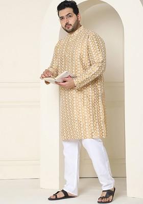Gold Embroidered Poly Blend Kurta Set For Men