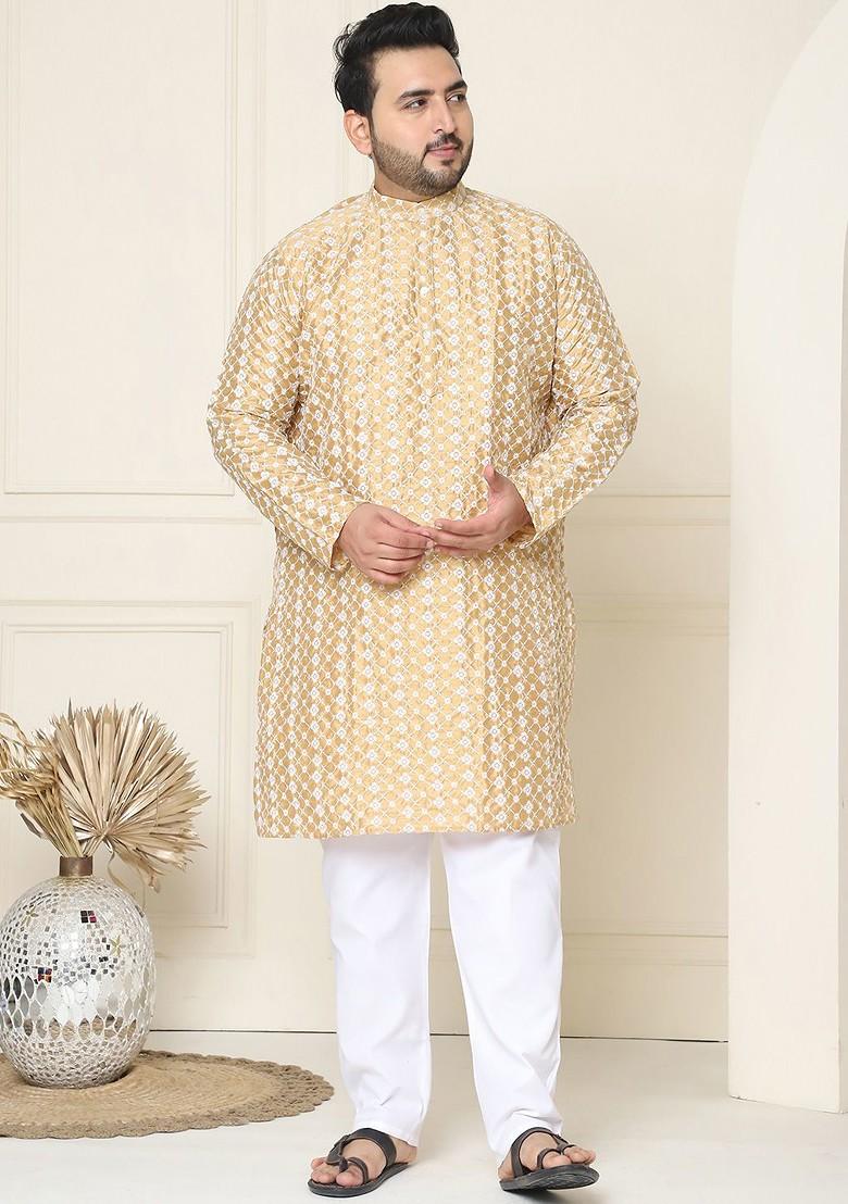 Gold Embroidered Poly Blend Kurta Set For Men