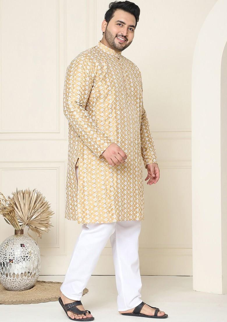 Gold Embroidered Poly Blend Kurta Set For Men