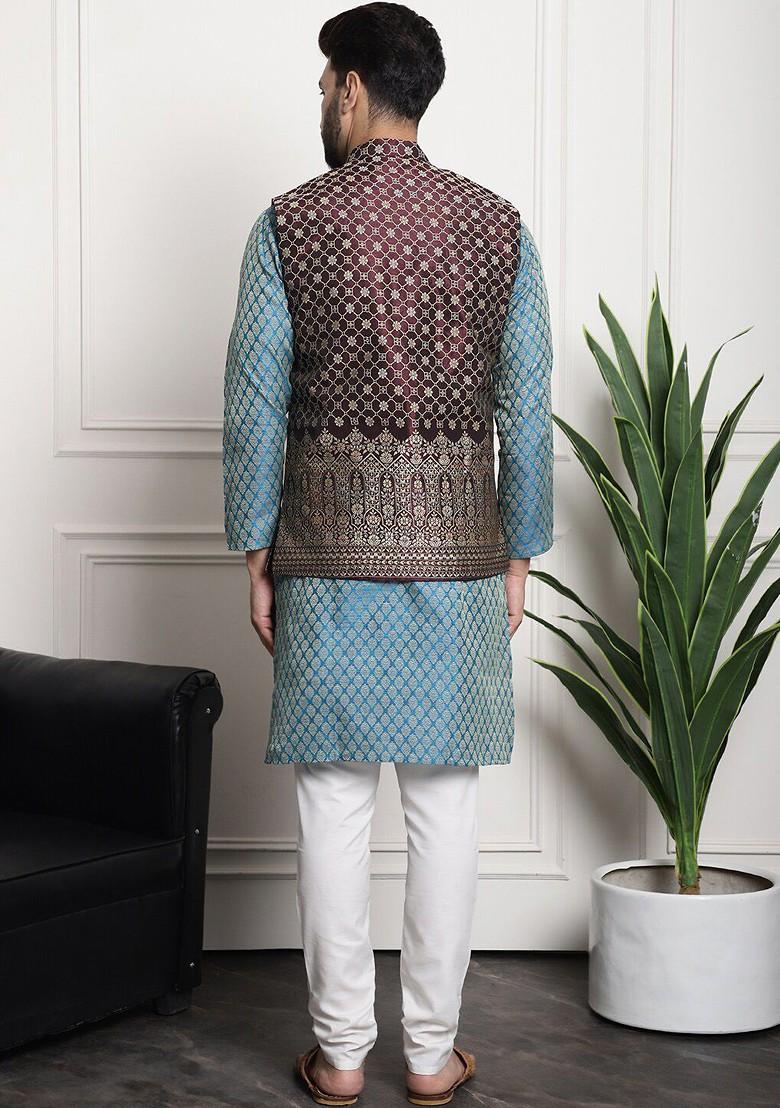 Blue Ethnic Motifs Cotton Kurta Set For Men
