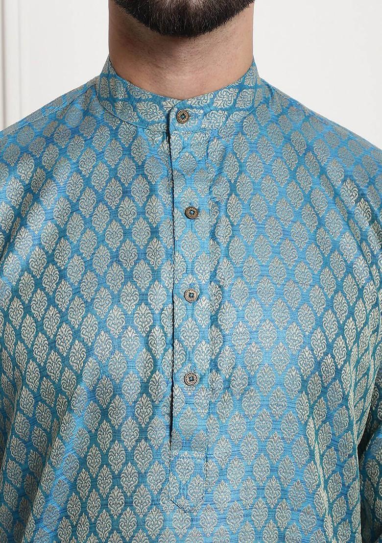 Blue Ethnic Motifs Cotton Kurta Set For Men