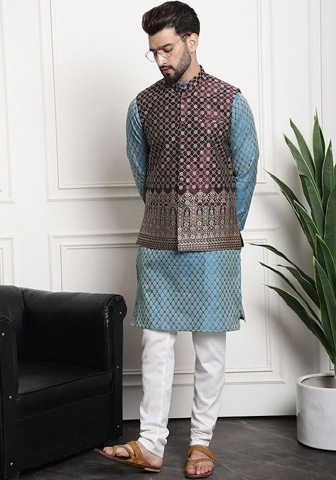 Blue Ethnic Motifs Cotton Kurta Set For Men