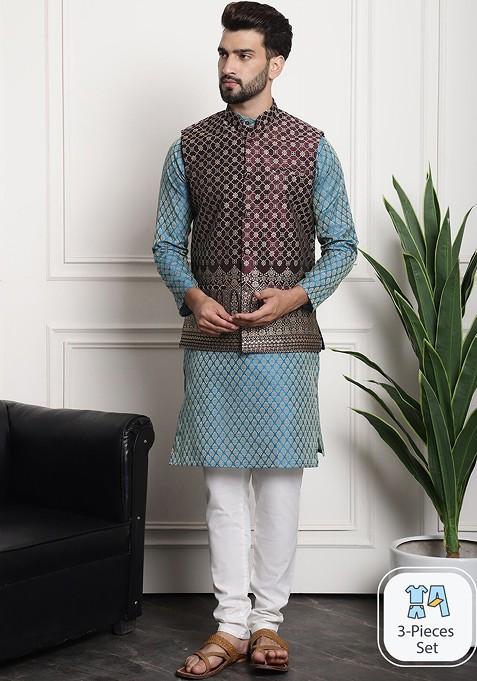 Blue Ethnic Motifs Cotton Kurta Set For Men