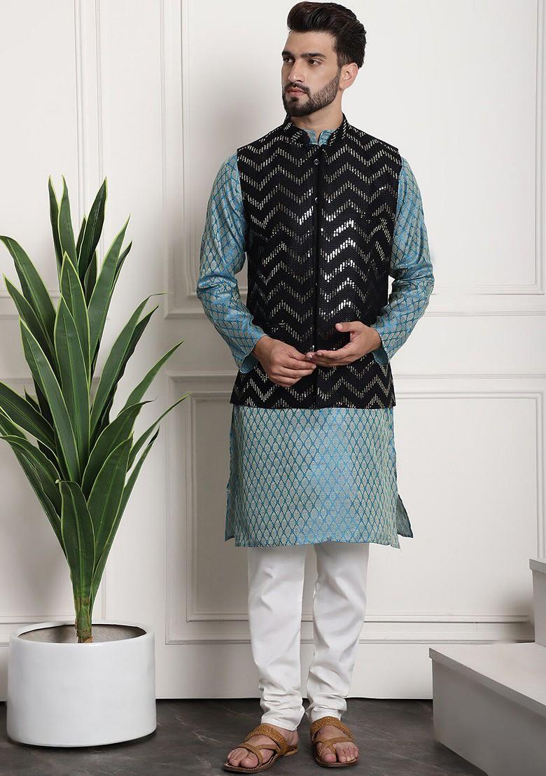 Blue Ethnic Motifs Cotton Kurta Set For Men