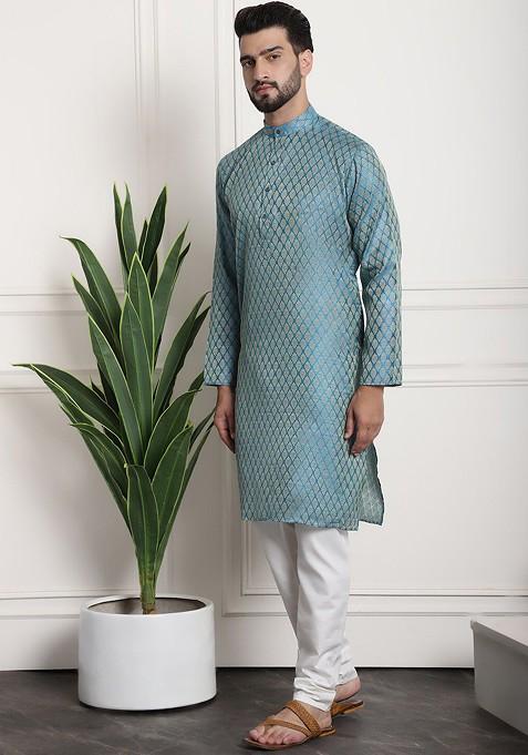Blue Ethnic Motifs Cotton Kurta Set For Men